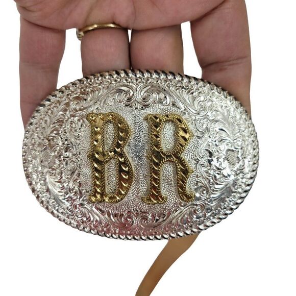 Vintage Nocona Belt Leather Inlay 30 Tan Silver Nickel B R Monogram Buckle - Picture 2 of 10